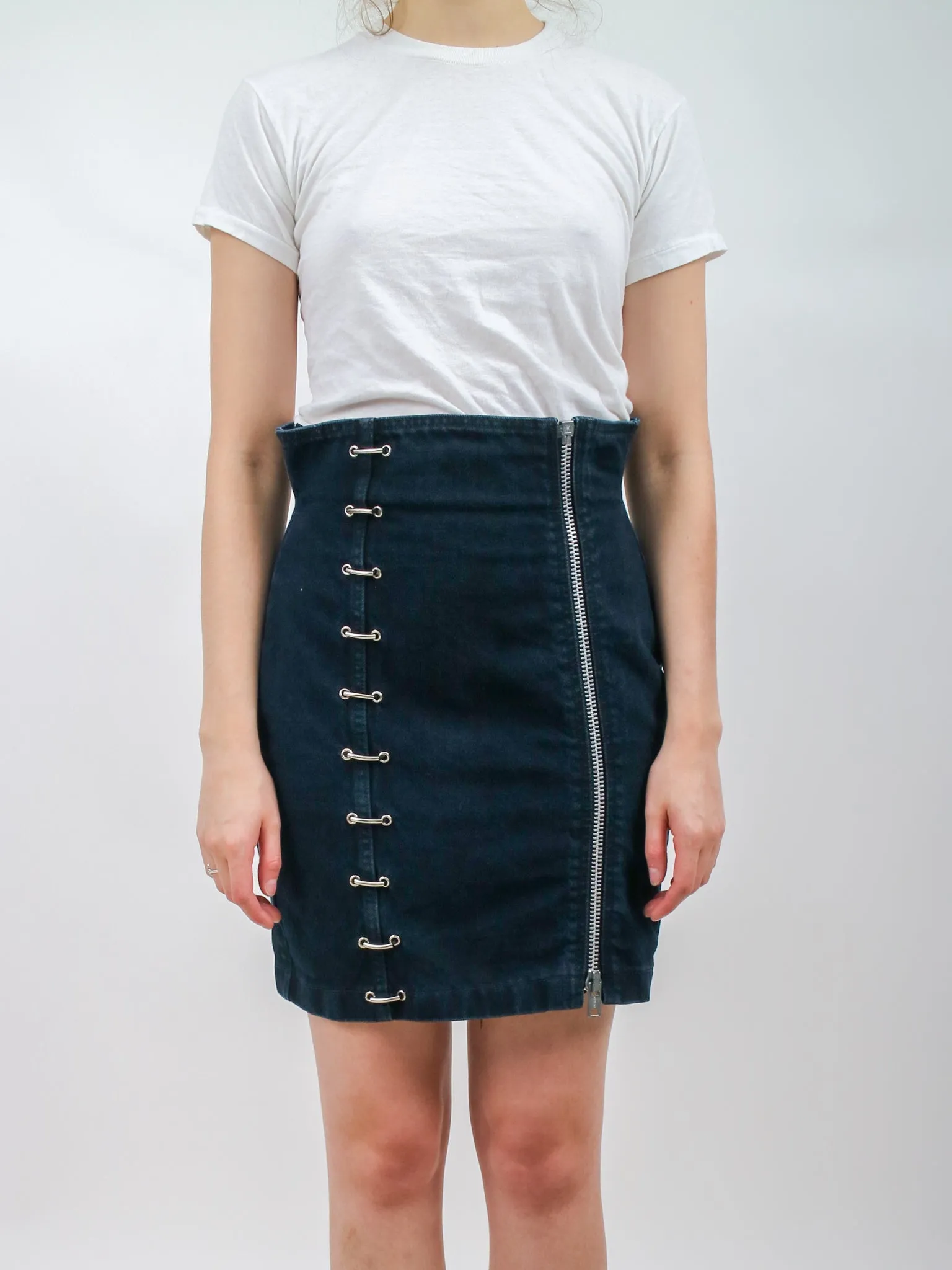 1980s Santana Black Denim Zipper and Rivet Pencil Mini Skirt