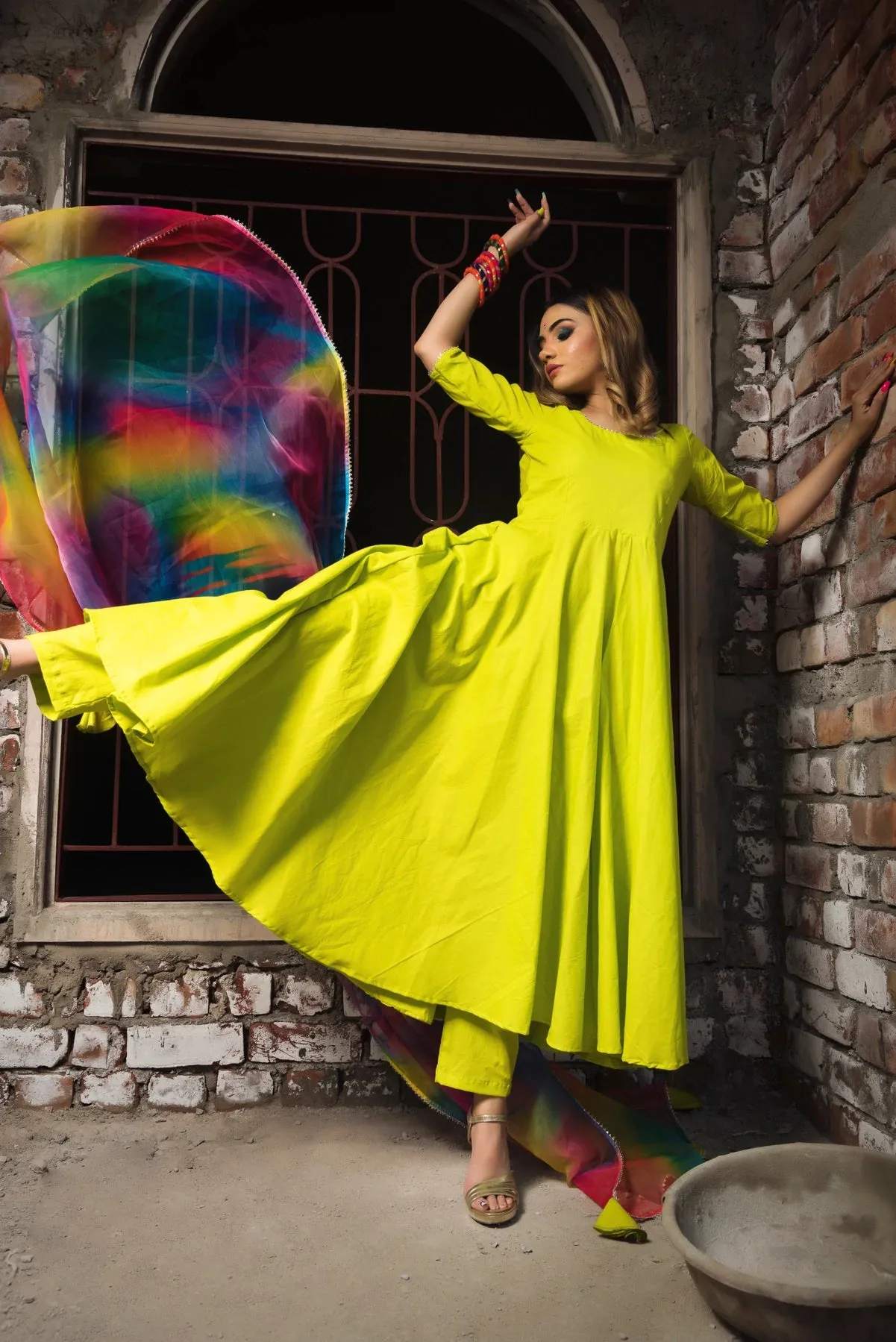 Cotton Green Solid Anarkali Suit Set