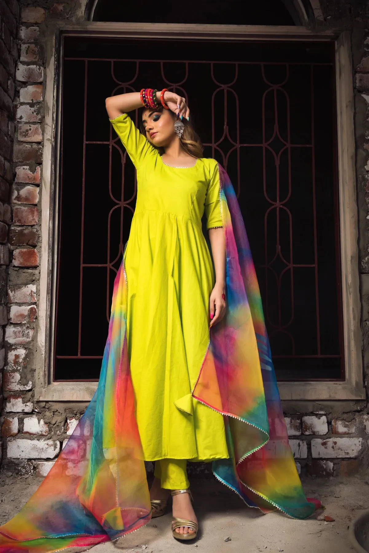 Cotton Green Solid Anarkali Suit Set