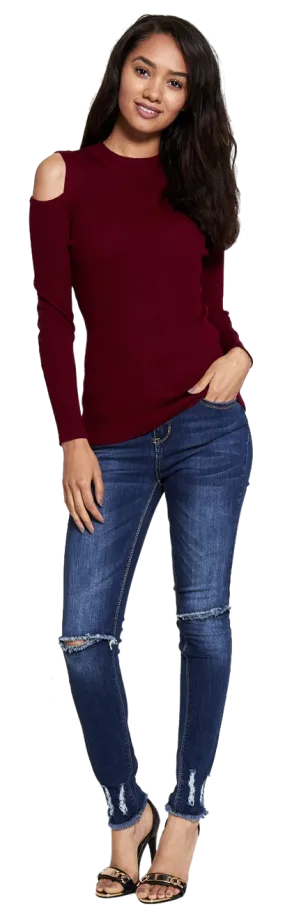Cut Out Shoulder Ribbed Long Sleeved Knitted Top