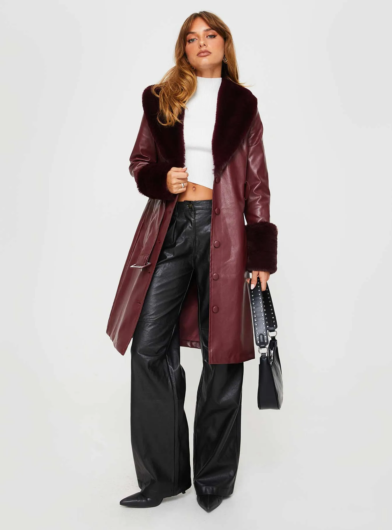 Fashionkova Brooklyn Faux Leather Longline Coat Burgundy