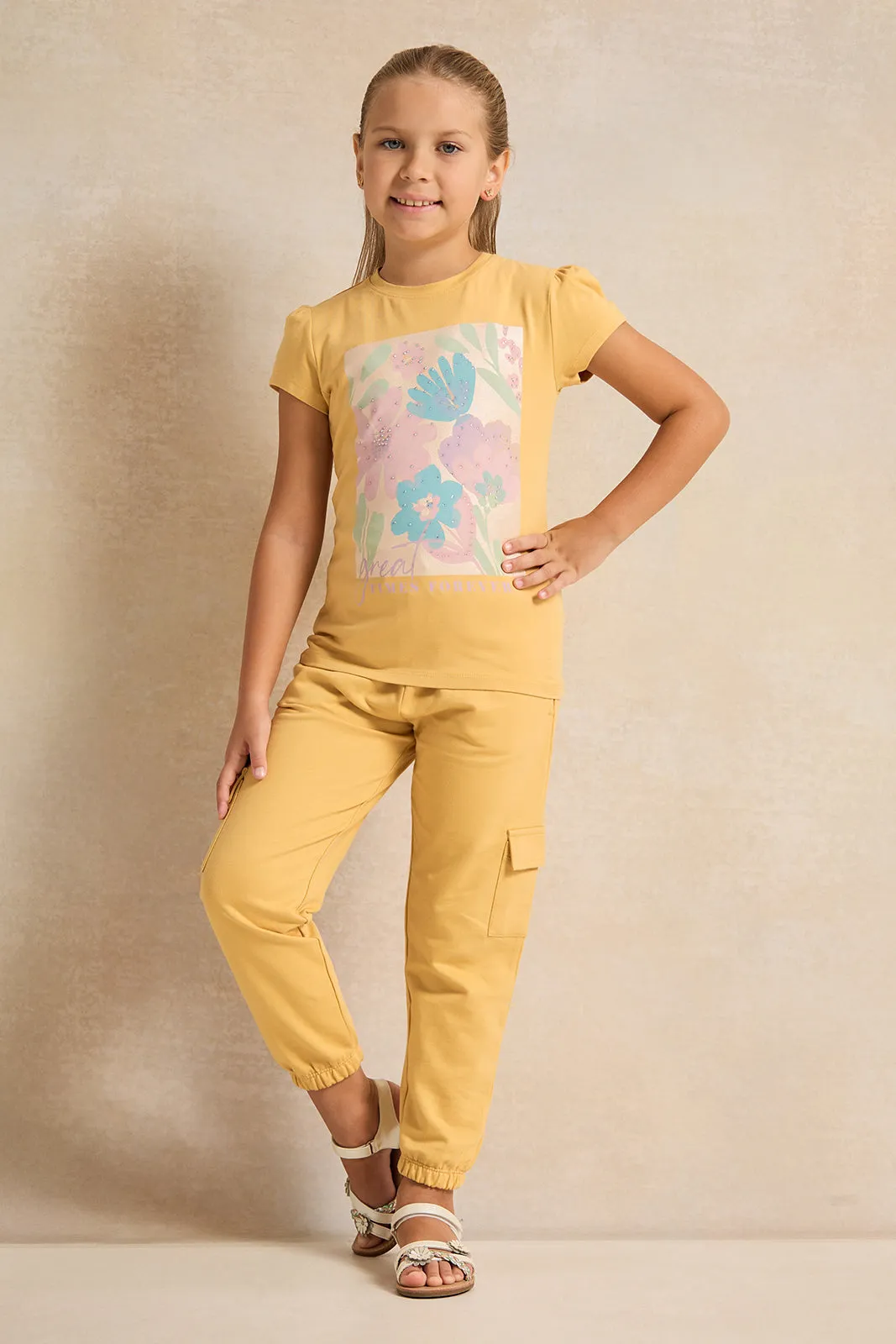 Girls Mustard Active Pants With Cargo Pockets