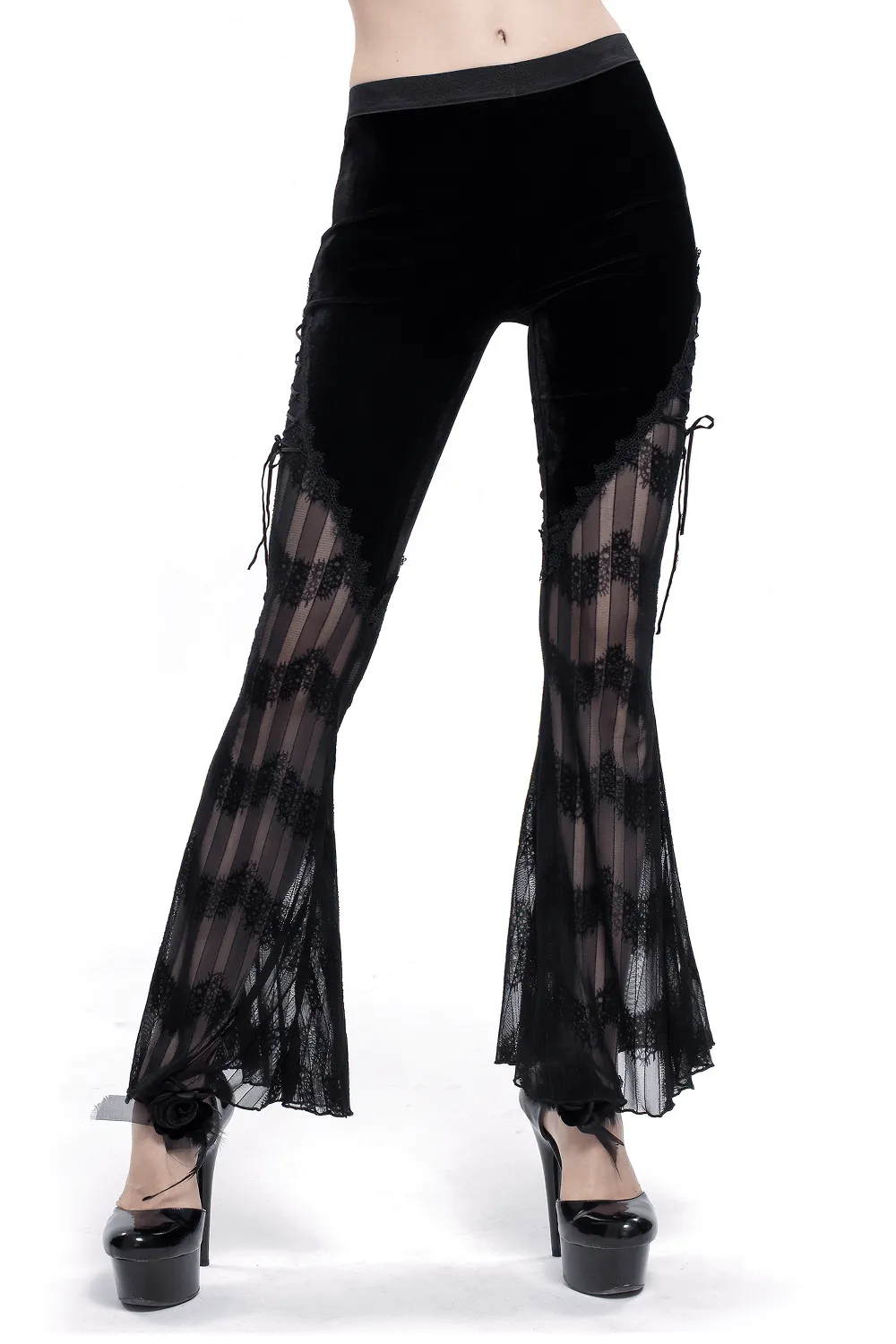 Gothic Mesh Flared Trousers / Women's Lace Splice Pants with sides tie / Alternative Fashion