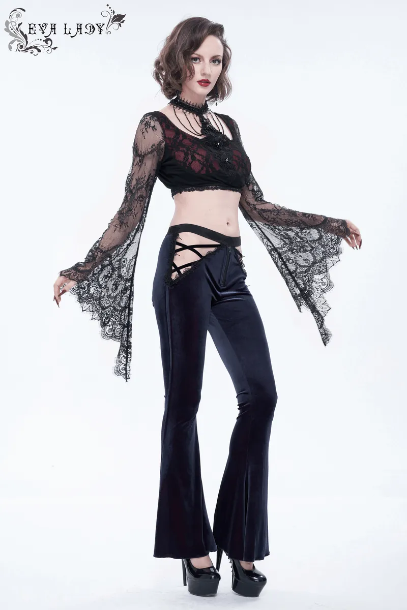 Gothic Velvet Hollow Out Flared Trousers / Sexy Lace Applique Zipper Pants