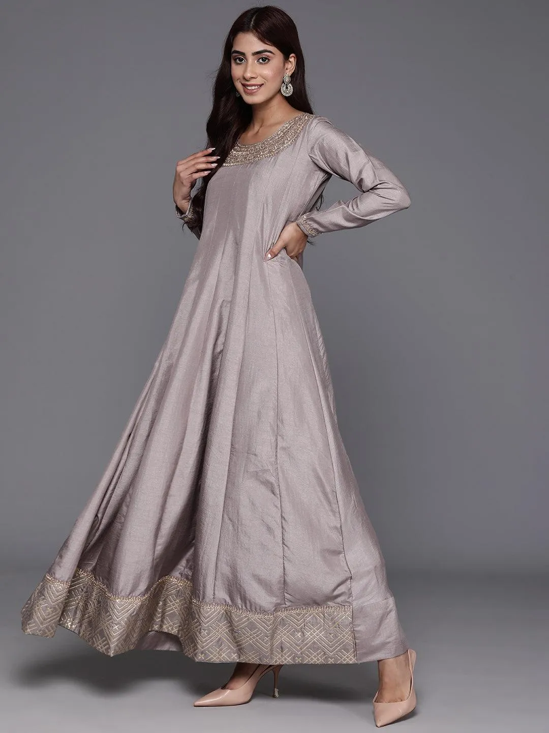 Jashvi Art Grey Yoke Design Silk Anarkali Suit With Dupatta