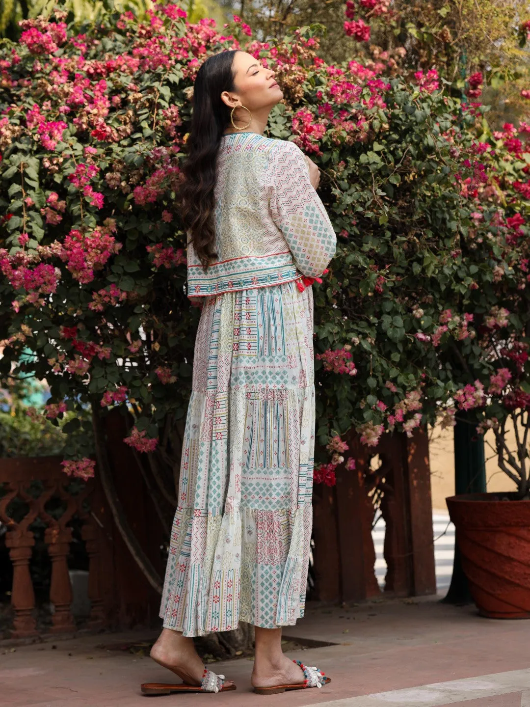 Jashvi Ivory Patch Printed Pure Cotton Lacy Dress With Shrug