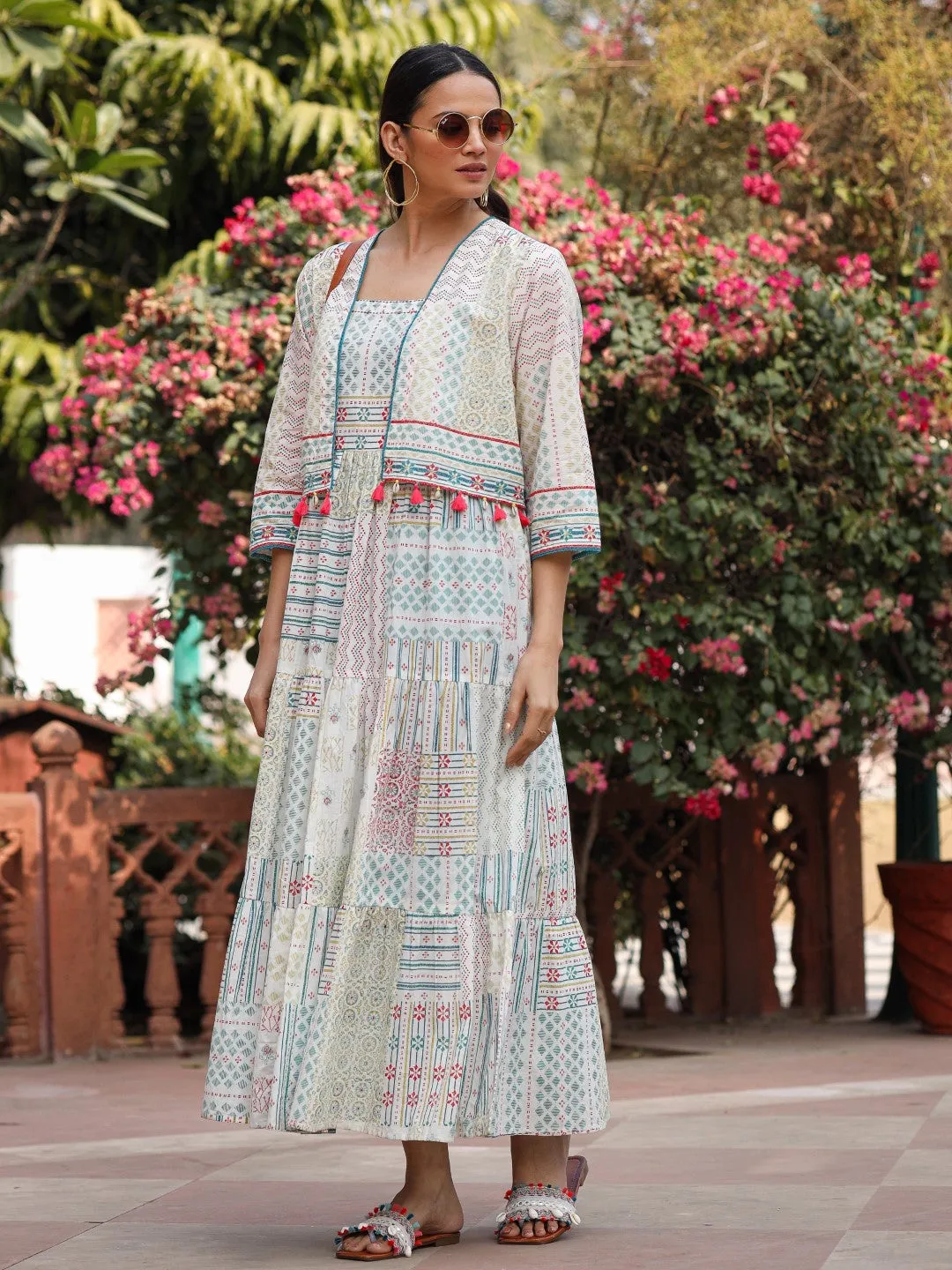 Jashvi Ivory Patch Printed Pure Cotton Lacy Dress With Shrug