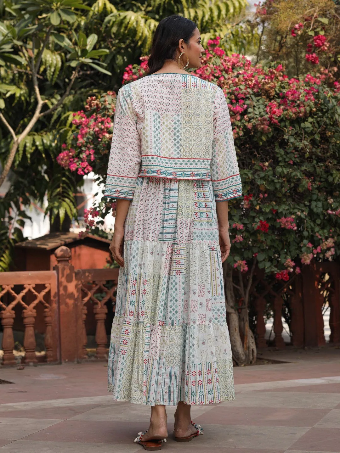 Jashvi Ivory Patch Printed Pure Cotton Lacy Dress With Shrug