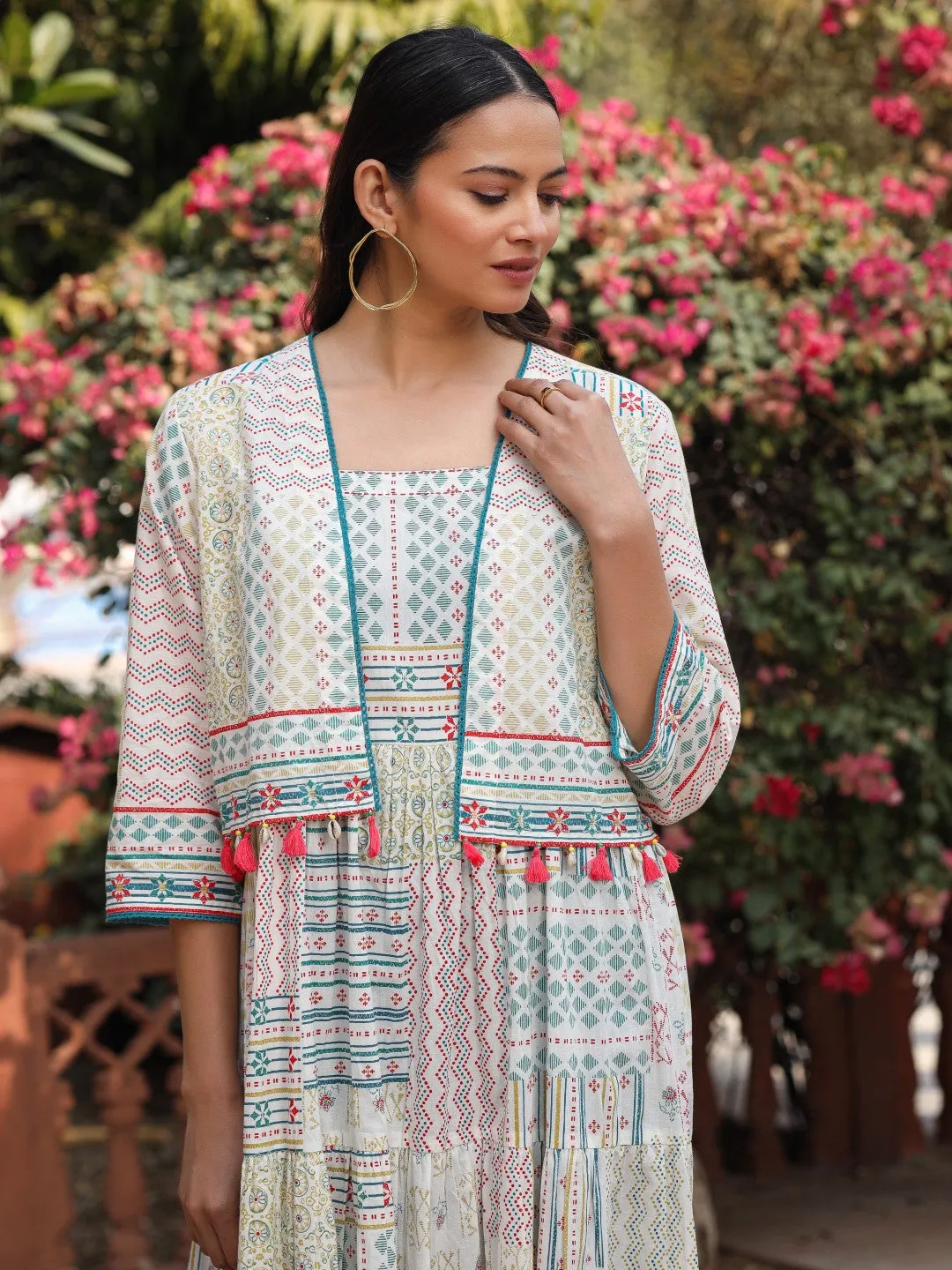 Jashvi Ivory Patch Printed Pure Cotton Lacy Dress With Shrug