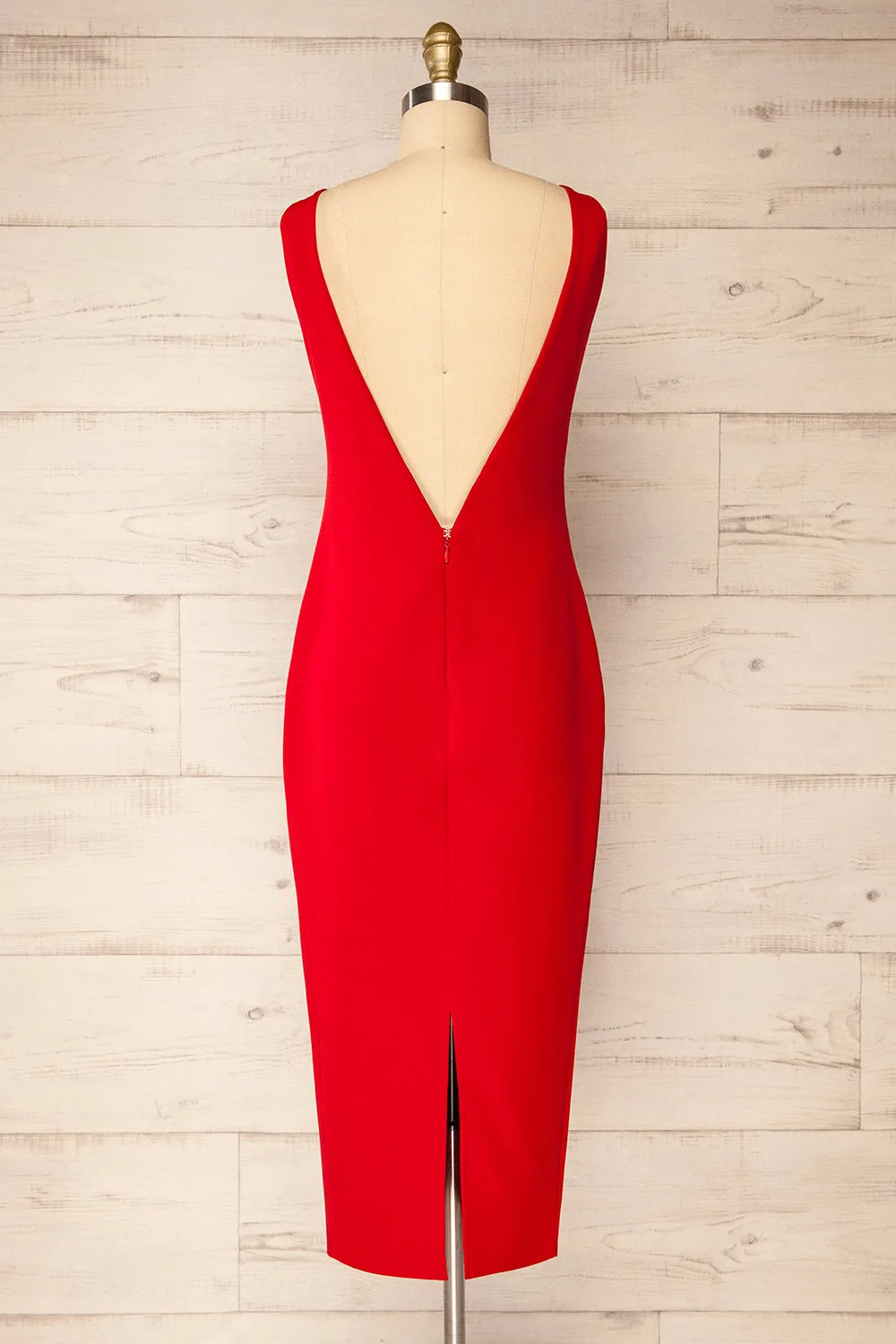 Kovna Red | Fitted Midi Dress w/ Open Back