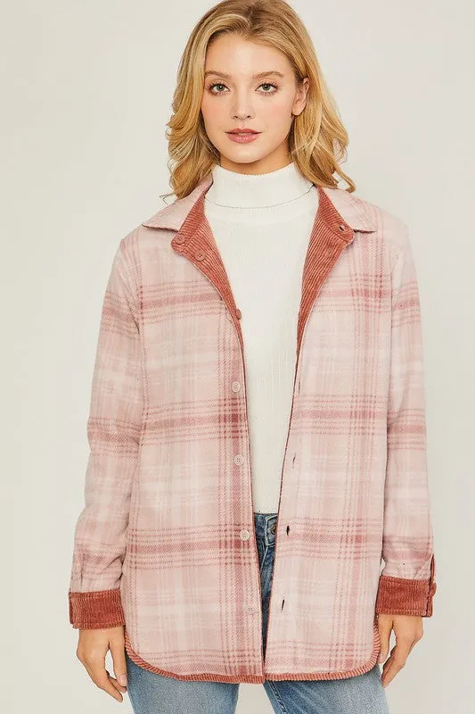 Love Tree Plaid Contrast Corduroy Reversible Button Down Shacket