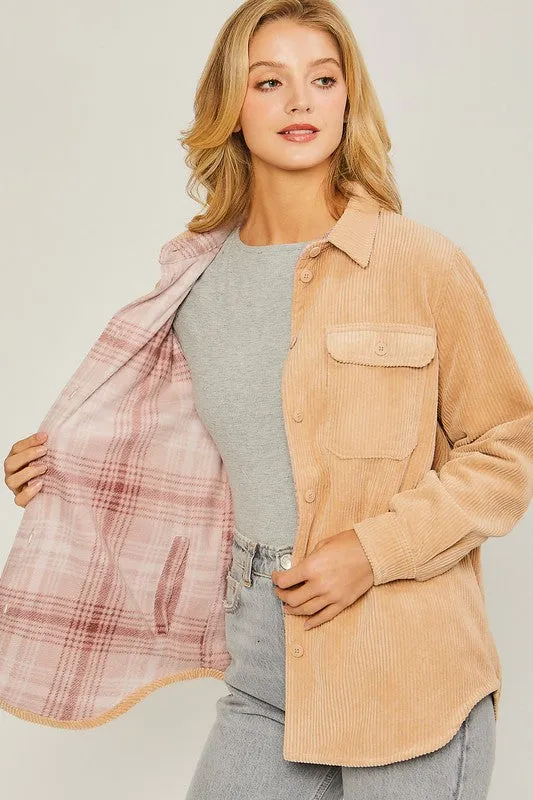 Love Tree Plaid Contrast Corduroy Reversible Button Down Shacket