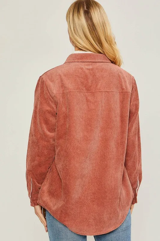 Love Tree Plaid Contrast Corduroy Reversible Button Down Shacket