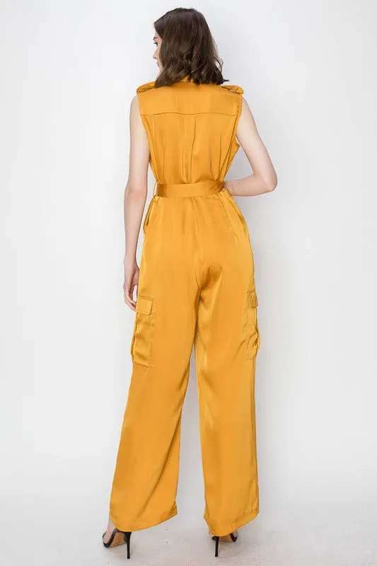 Mustard Satin V-Neck Side Pockets Cargo Pants Jumpsuit