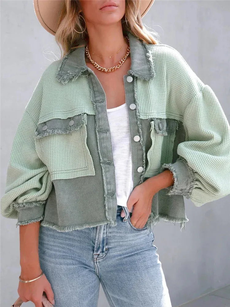 Oversized Casual Patchwork Green Knit Spring 2024 Women's Jacket