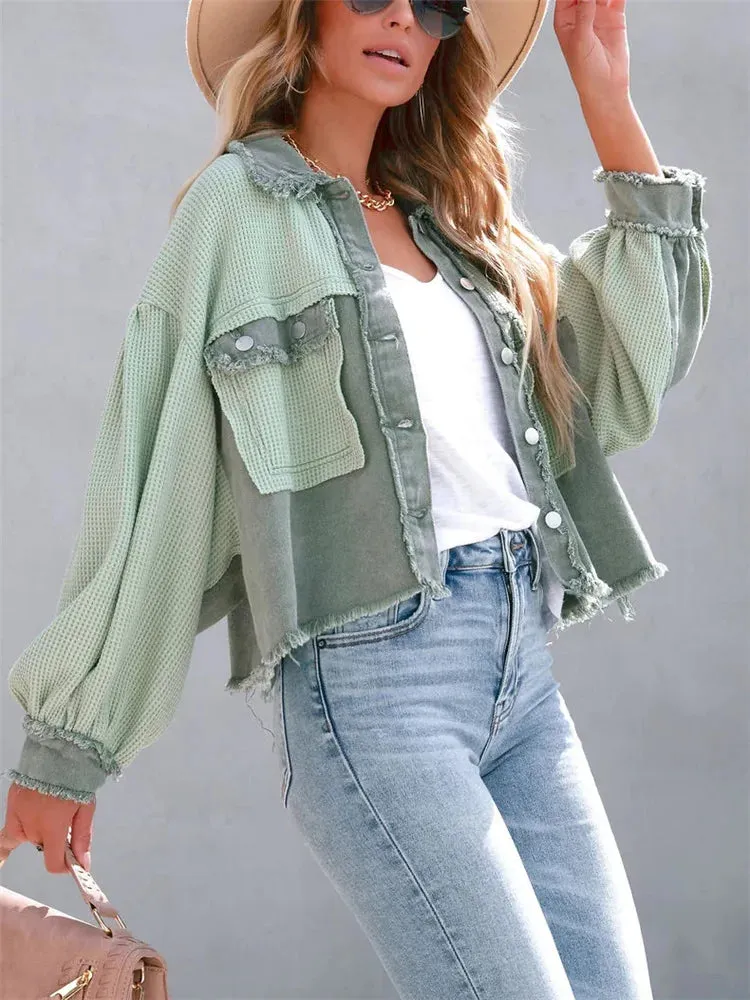 Oversized Casual Patchwork Green Knit Spring 2024 Women's Jacket