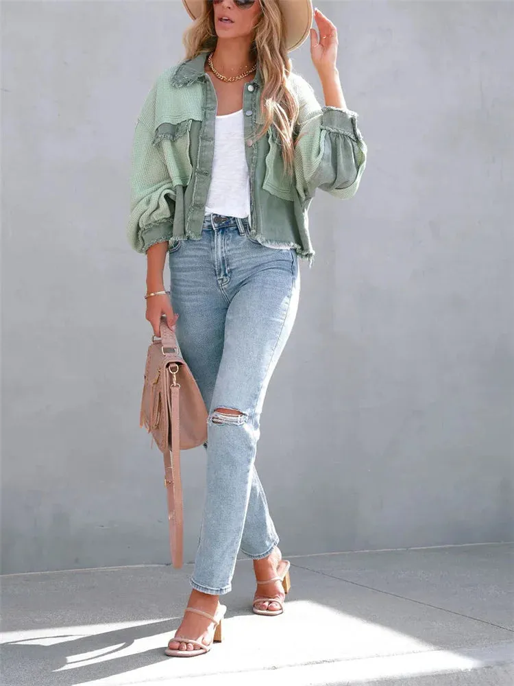 Oversized Casual Patchwork Green Knit Spring 2024 Women's Jacket