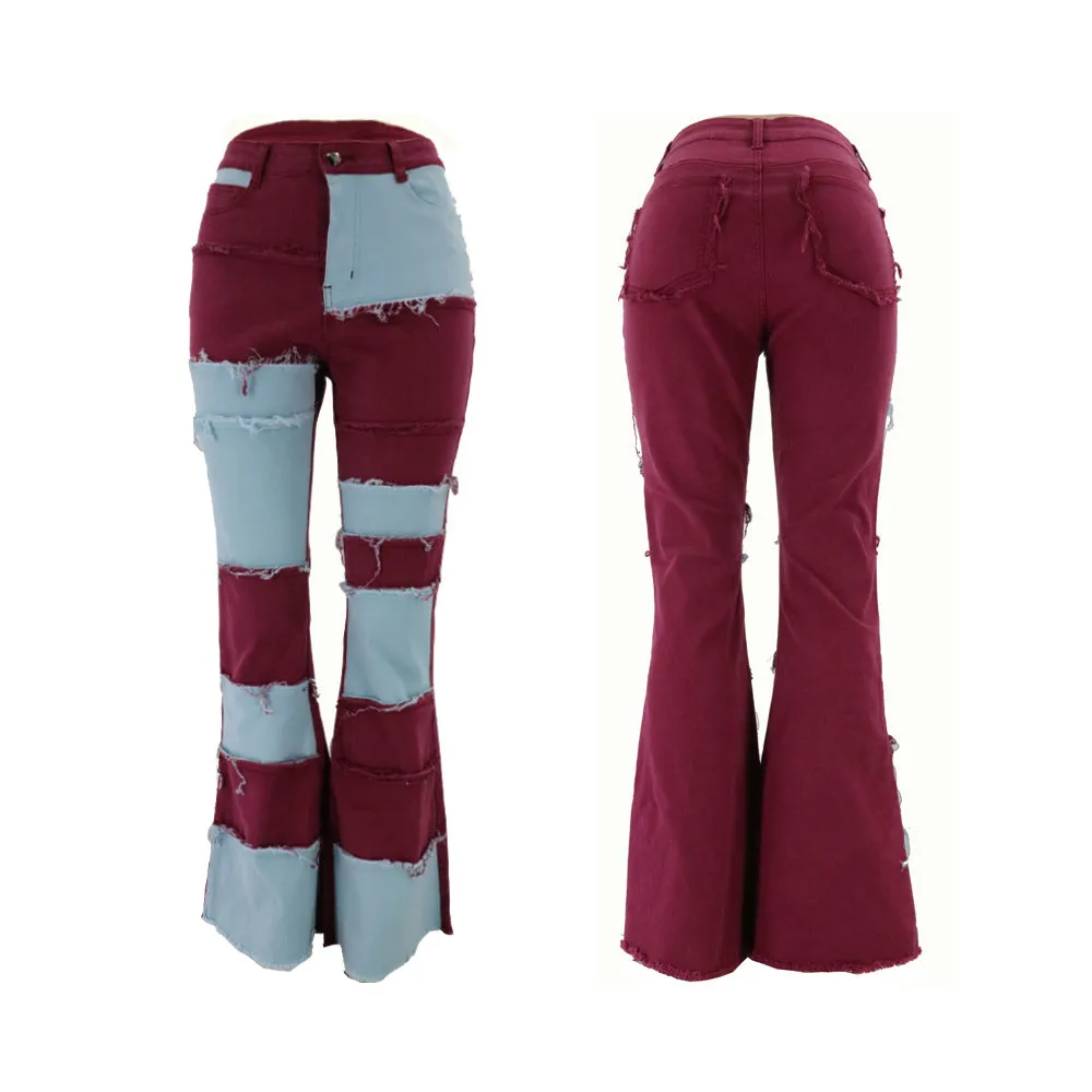 Punk Style Stretch Colorblocking High Waist Flared Wide Leg Jeans Wholesale Womens Clothing