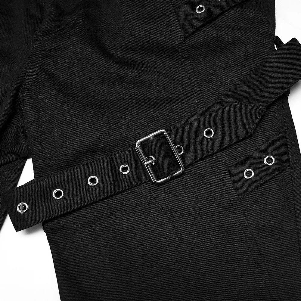 Removable Belt Crimped Punk Flared Black Pants