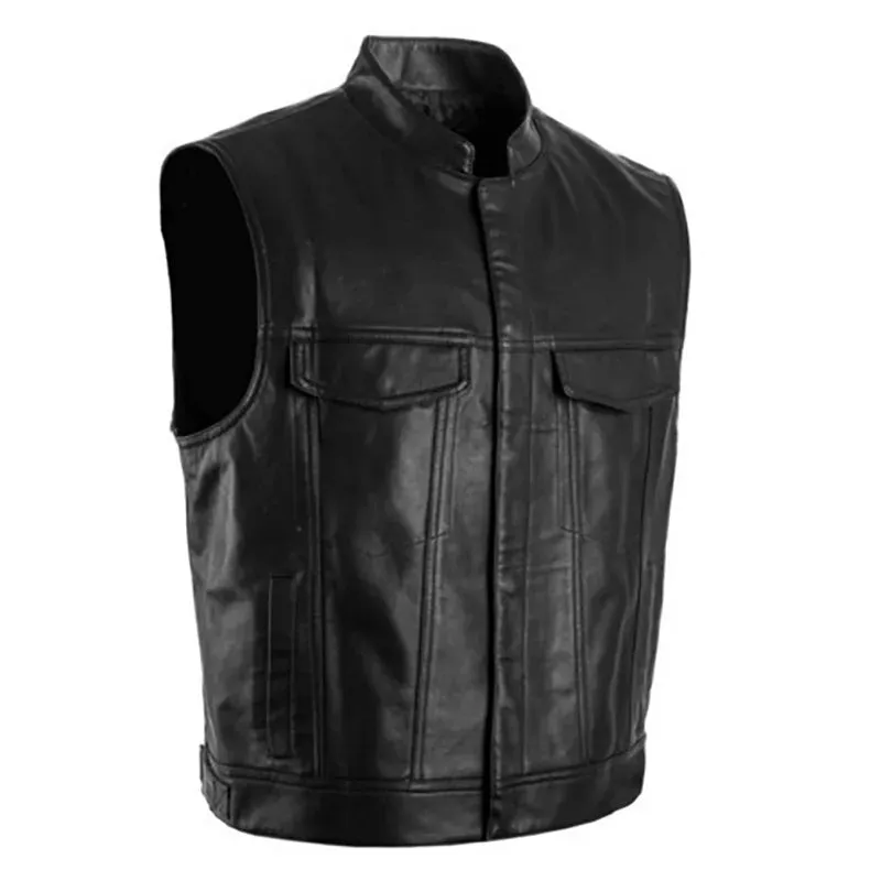 Solid Color Mens Faux Leather Vest Motorcycle Standing Collar Leather Vest Team Punk Shoulder Vest for Men