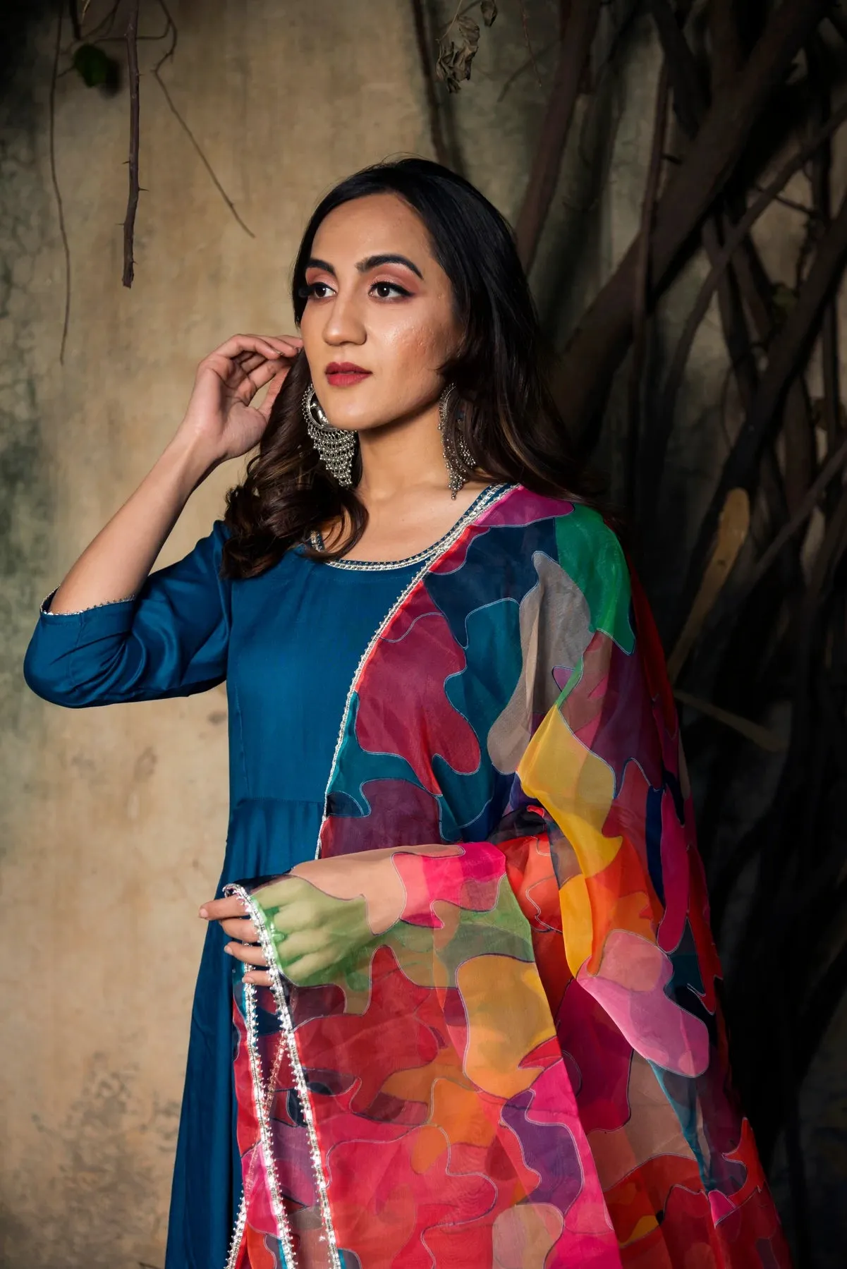 Solid Rayon Blue Anarkali Suit Set with Printed Dupatta