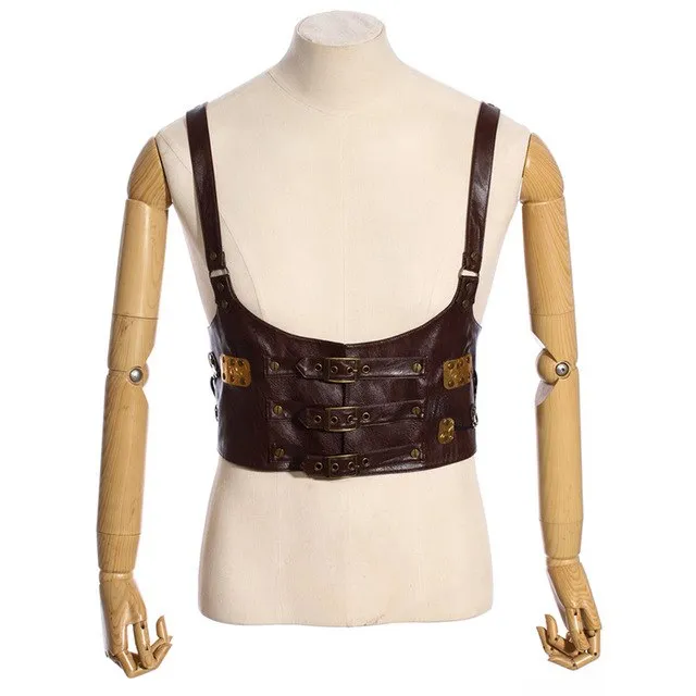 Steampunk Leather Short Men Vest Personality Vintage Punk Belt Buckle Vest Classic Street Sleeveless Waistcoats