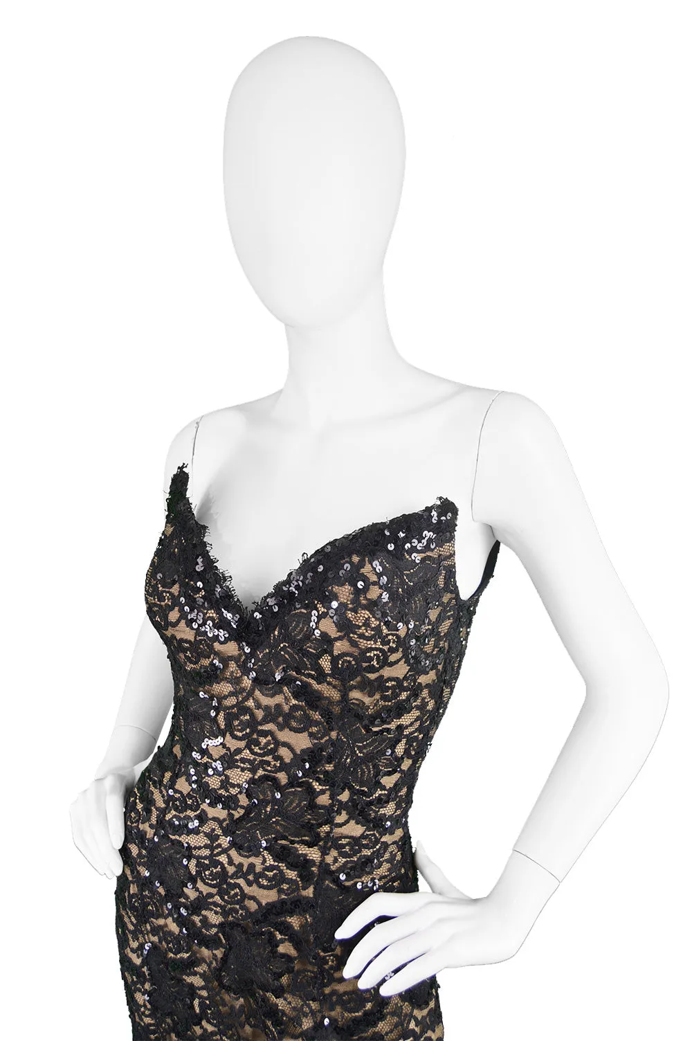 Vintage Nude & Black Lace Evening Gown, 1990s
