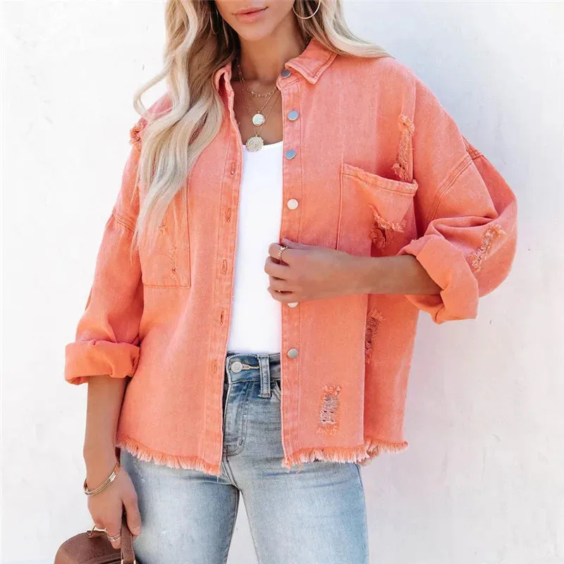 Vintage Red Ripped Denim Oversized Single Breasted Female Pocket Outwear Fashion Spring Girls Jacket