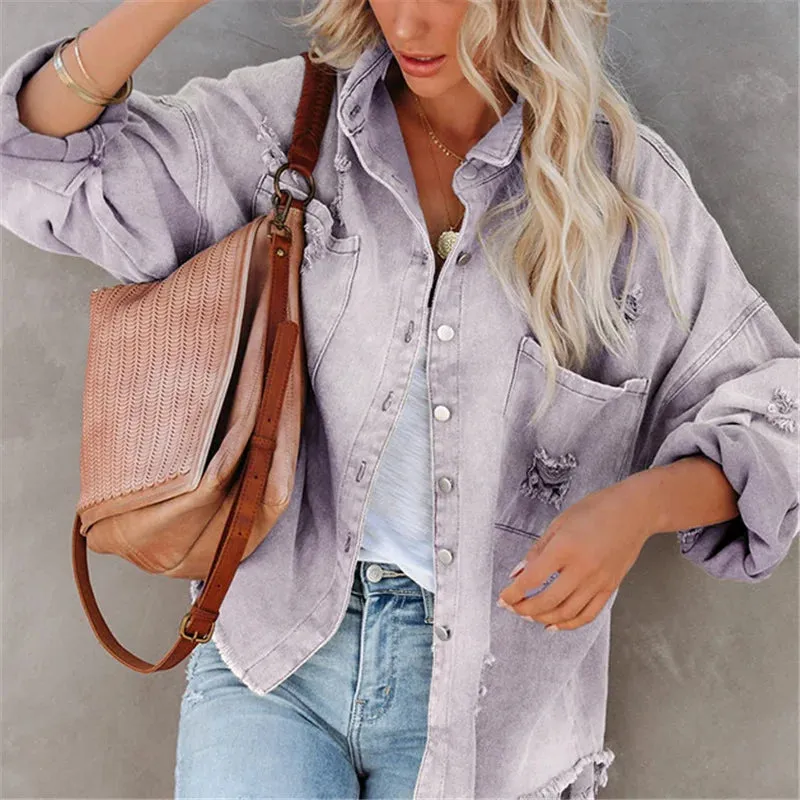 Vintage Red Ripped Denim Oversized Single Breasted Female Pocket Outwear Fashion Spring Girls Jacket