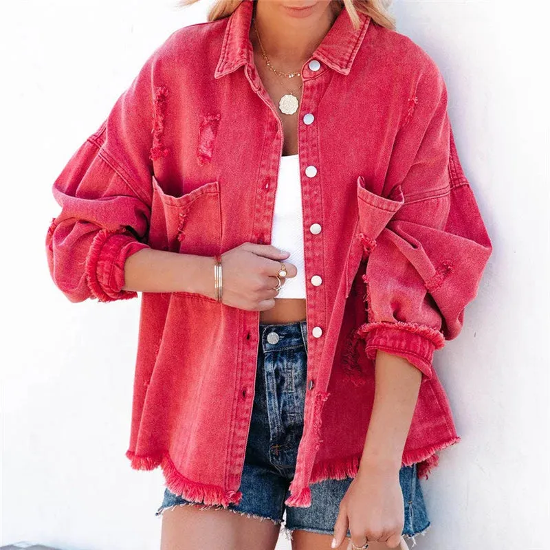 Vintage Red Ripped Denim Oversized Single Breasted Female Pocket Outwear Fashion Spring Girls Jacket