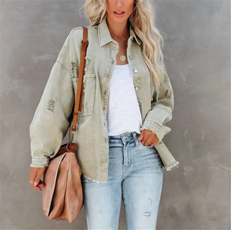 Vintage Red Ripped Denim Oversized Single Breasted Female Pocket Outwear Fashion Spring Girls Jacket