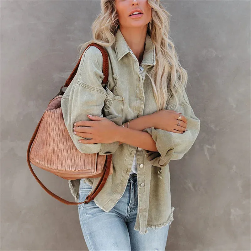 Vintage Red Ripped Denim Oversized Single Breasted Female Pocket Outwear Fashion Spring Girls Jacket