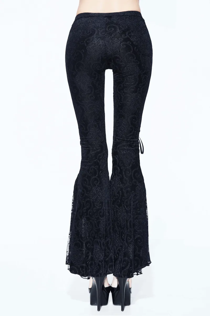 Womens Black Sexy Lace Flare Pants / Lace-Up Vintage Long Pants / Gothic Style Clothing