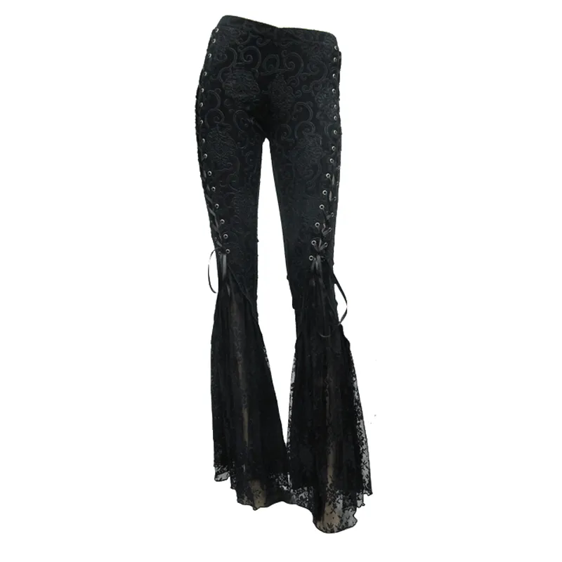 Womens Black Sexy Lace Flare Pants / Lace-Up Vintage Long Pants / Gothic Style Clothing