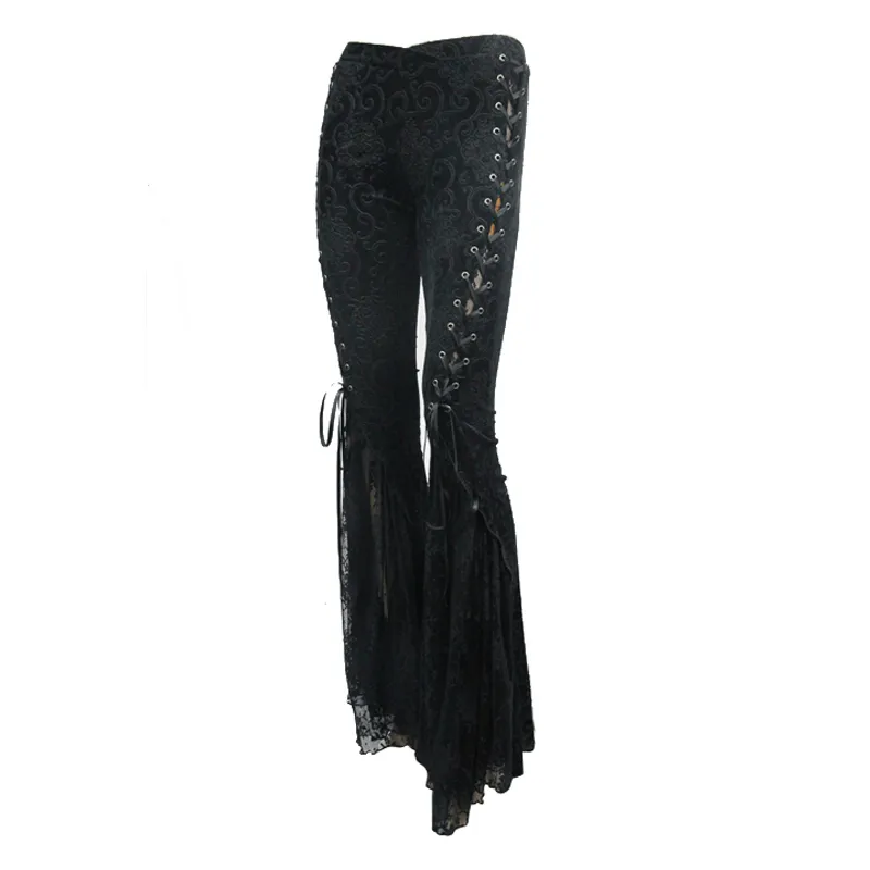 Womens Black Sexy Lace Flare Pants / Lace-Up Vintage Long Pants / Gothic Style Clothing