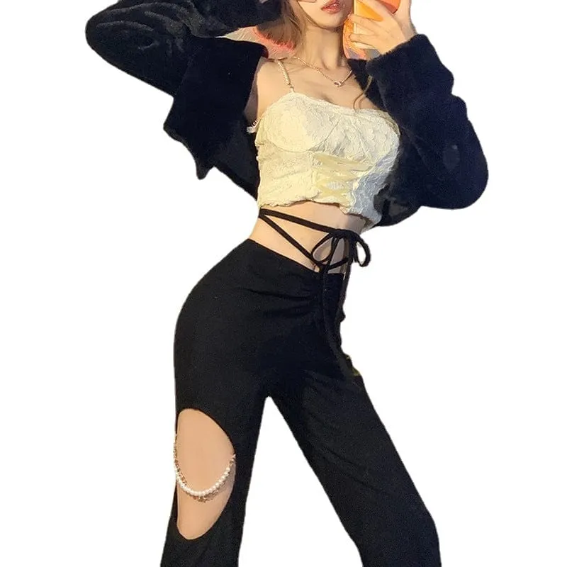 Women's Punk High-waisted Lacing-up Cutout Flared Pants