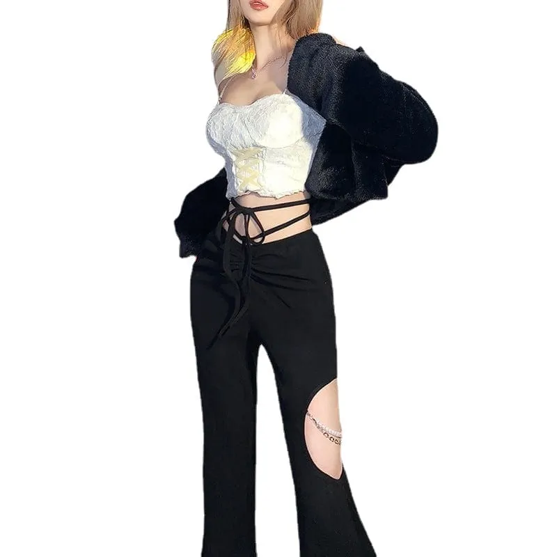 Women's Punk High-waisted Lacing-up Cutout Flared Pants